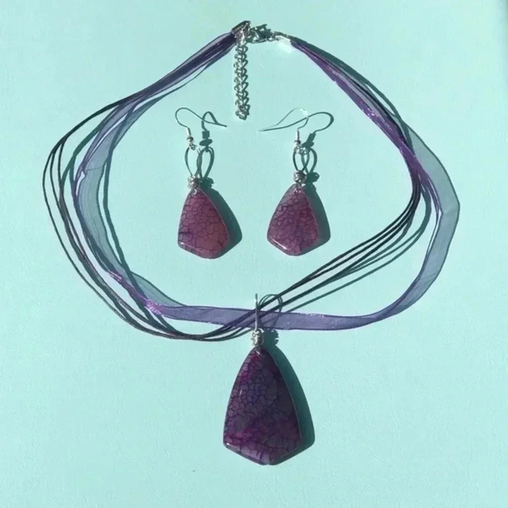 Handmade Purple Pink Dragon Vein Necklace & Earring Set